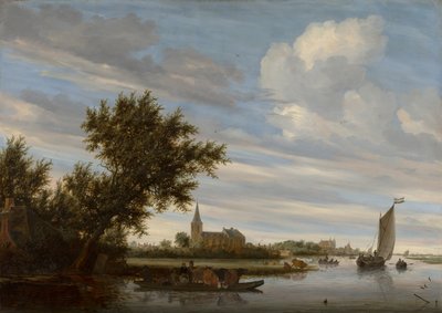 Widok rzeki z kościołem i promem autorstwa Salomon van Ruysdael