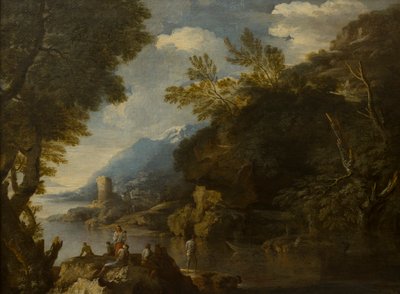 Pejzaż z postaciami i łodziami, ok. 1635-73 (olej na płótnie) autorstwa Salvator (follower of) Rosa