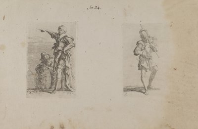 (Seria figurek) Dwóch mężczyzn, jeden wskazujący w lewo, drugi klęczący autorstwa Salvator Rosa