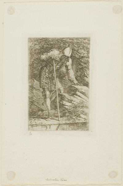 Wojownik w pełnej zbroi w grocie autorstwa Salvator Rosa