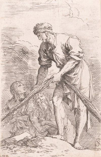 Mężczyzna ciągnący siatkę z dwiema postaciami za sobą z serii „Figurka”, ok. godz. ...,ok. 1656-1657. autorstwa Salvator Rosa