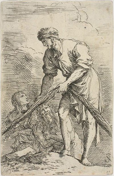 Mężczyzna ciągnący sieć, a za nim dwie postacie z serii Figurine autorstwa Salvator Rosa