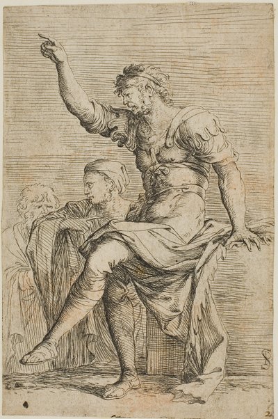 Wojownik siedzi na klocku i gestykuluje; za nim dwie postacie z serii Figurine autorstwa Salvator Rosa