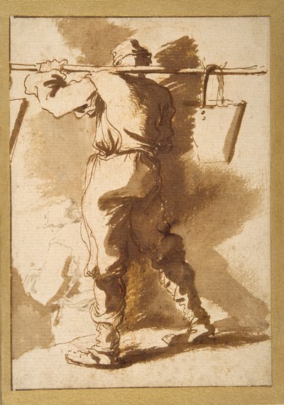 Widok z tyłu na przewoźnika wody, za nim inna postać (pióro i tusz, wash over kreda na papierze) autorstwa Salvator Rosa