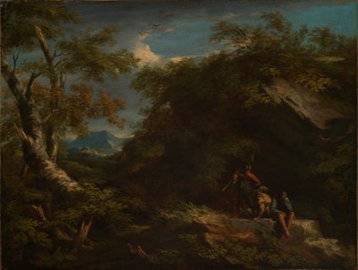 Górski krajobraz leśny z odpoczywającymi wojownikami autorstwa Salvator Rosa