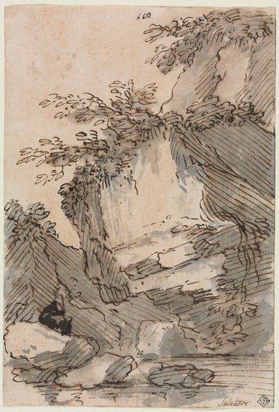 Figurki przy skalistym basenie autorstwa Salvator Rosa