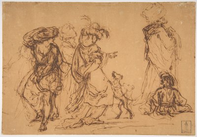Fünf Figuren in fantastischen Kostümen mit zwei Hunden autorstwa Salvator Rosa