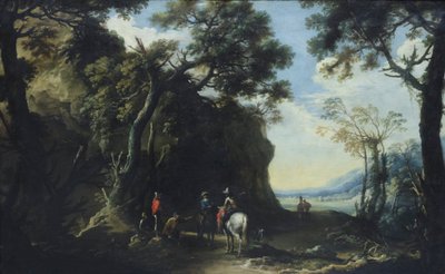 Pejzaż z podróżnymi pytającymi o drogę, ok. 1641 (olej na płótnie) autorstwa Salvator Rosa