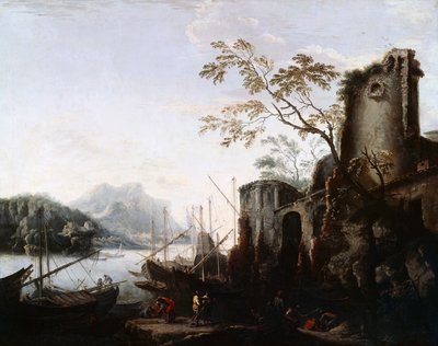 Krajobraz morski z wieżami ze statkami i ruinami (Krajobraz morski z wieżami), ok. 1645, autorstwa Salvator Rosa