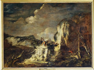 Skalisty krajobraz z myśliwym i wojownikami - Skalisty ... autorstwa Salvator Rosa