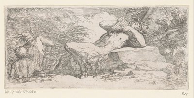Satyr z fletem patelni Trytony i bogowie rzeki (tytuł serii) autorstwa Salvator Rosa
