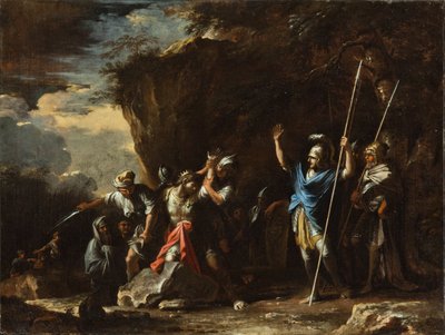 Scena z historii Grecji: głuchoniemy syn króla Krezusa powstrzymuje Persów przed zabiciem swojego ojca autorstwa Salvator Rosa