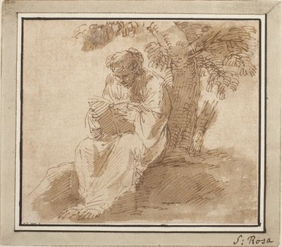 Siedząca postać młodzieńcza czytająca pod drzewem autorstwa Salvator Rosa