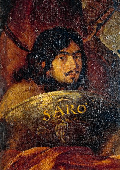 Autoportret malarza, fragment z Bitwy chrześcijan z Turkami, Salvator Rosa (1613-1673), olej na płótnie, 234x350 cm autorstwa Salvator Rosa