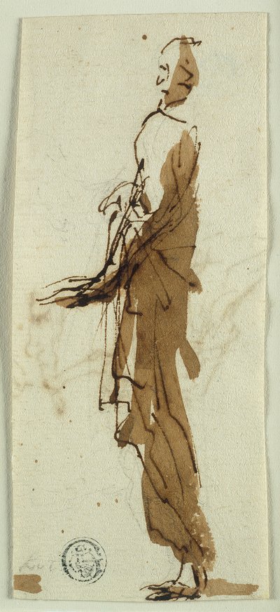 Stojąca udrapowana postać z profilu (recto); Masakra niewiniątek (verso) autorstwa Salvator Rosa
