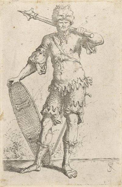 Stojący egzotyczny wojownik w czapce z głową lwa, trzymający maczugę i tarczę, ok. 1656-57 (trawiony na papierze wykładanym) autorstwa Salvator Rosa