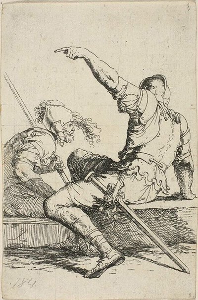 Dwóch wojowników siedzących na niskich skałach autorstwa Salvator Rosa