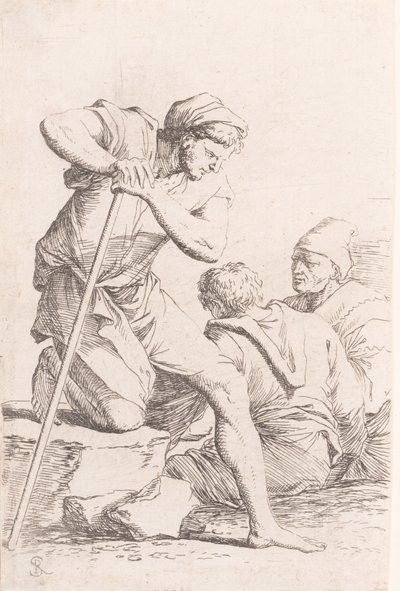 Dwóch mężczyzn siedzących i jeden trzymający laskę klęczący na skale, z seri..., ok. godz. 1656-1657. autorstwa Salvator Rosa