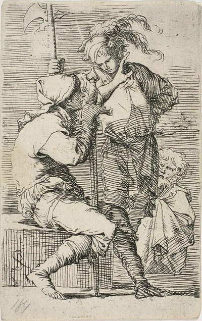 Dwóch wojowników, jeden trzyma miecz, drugi halabardę; za nimi stary brodaty mężczyzna, z Figurine autorstwa Salvator Rosa