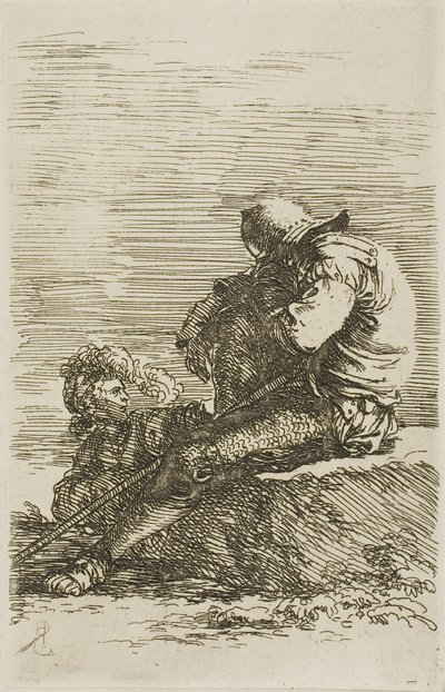 Dwóch wojowników, jeden śpi na skale na pierwszym planie, z serii Figurki autorstwa Salvator Rosa
