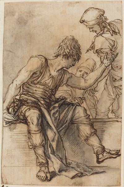 Młodzieniec siedzący na murku i rozmawiający z dwoma mężczyznami autorstwa Salvator Rosa