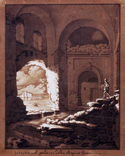 Wnętrze Pałacu Królowej Giovanny (ołówek, tusz i biała tempera) autorstwa Salvatore Cammarano