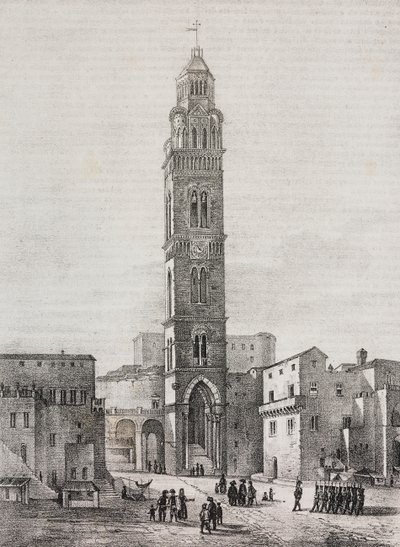 Dzwonnica katedry Gaeta, Lazio, Włochy, litografia Salvatore Puglia według rysunku Pasquale Mattei (1813-1879), z Poliorama Pittoresco, nr 48, 6 lipca autorstwa Salvatore Puglia