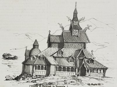 Borgund Stavkirke, Norwegia, litografia Salvatore Puglia z Poliorama Pittoresco, nr 40, 14 maja autorstwa Salvatore Puglia