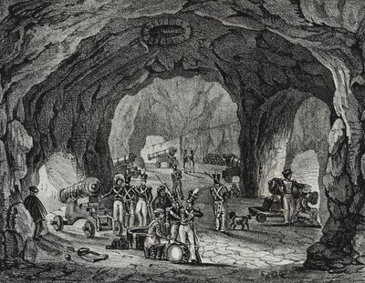 Jaskinia w pobliżu Skały Gibraltarskiej, Hiszpania, litografia Salvatore Puglia z Poliorama Pittoresco, nr 20, 24 grudnia autorstwa Salvatore Puglia