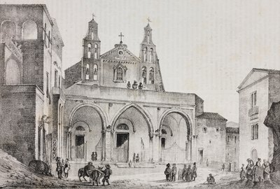 Fasada katedry Sessa Aurunca, Kampania, Włochy, litografia Salvatore Puglia według rysunku Pasquale Mattei (1813-1879) z Poliorama Pittoresco, nr 42, 24 maja autorstwa Salvatore Puglia