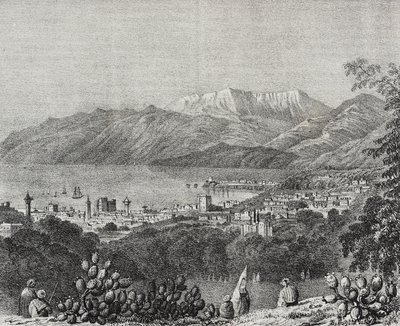 Widok Bejrutu i pasma Mount Lebanon, Liban, litografia Salvatore Puglia z Poliorama Pittoresco, nr 8, 1 października autorstwa Salvatore Puglia