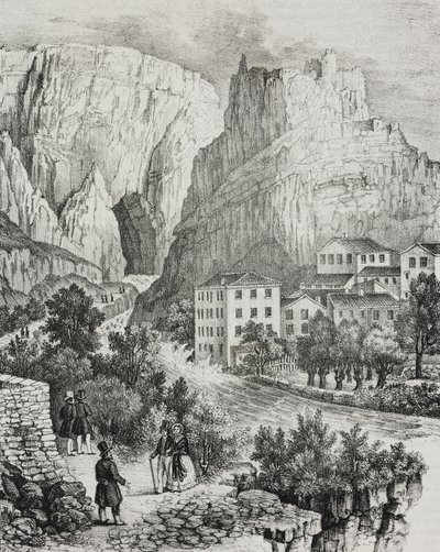 Widok Fontaine-de-Vaucluse, Francja, litografia Sardi z Poliorama Pittoresco, nr 51, 30 lipca autorstwa Salvatore Puglia