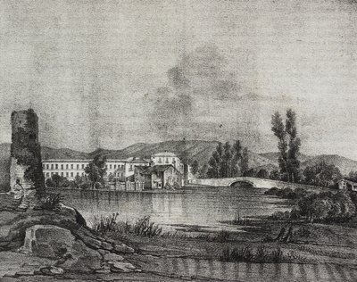 Widok fabryki i kościoła Santa Restituta nad brzegiem rzeki Fibreno w Cornello, Lazio, Włochy, litografia Salvatore Puglia według rysunku Raffaele Carellego, z Poliorama Pittoresco, nr 16, 26 listopada autorstwa Salvatore Puglia