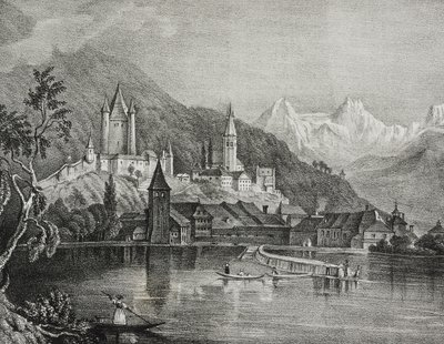 Widok Thun, kanton Berno, Szwajcaria, litografia Salvatore Puglia z Poliorama Pittoresco, n 35, 9 kwietnia autorstwa Salvatore Puglia