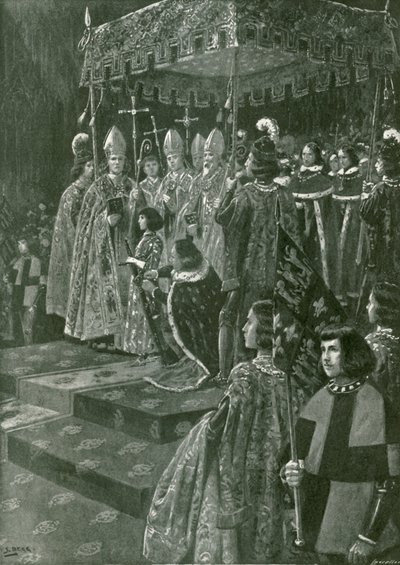 Prezentacja ostróg i miecza podczas koronacji Henryka VI (litografia) autorstwa Samuel (after) Begg