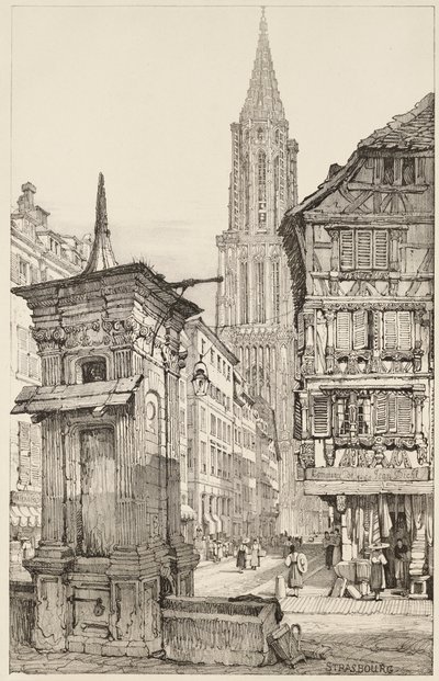 Rue Mercière i zachodni front katedry w Strasburgu autorstwa Samuel (after) Prout