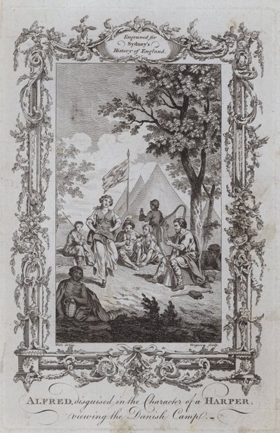 Alfred, przebrany za harfiarza, ogląda obóz duński (rycina) autorstwa Samuel (after) Wale