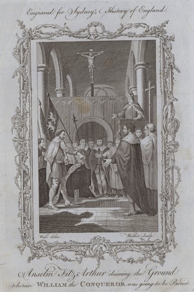 Anselm Fitz-Arthur twierdzący, że ziemia, na której miał zostać pochowany Wilhelm Zdobywca (rycina) autorstwa Samuel (after) Wale