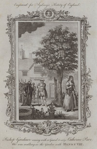 Biskup Gardiner przybywający z gwardią, by pojmać Katarzynę Parr, która spacerowała po Ogrodzie z Henrykiem VIII (rycina) autorstwa Samuel (after) Wale