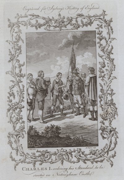 Karol I zleca wzniesienie swojego sztandaru na zamku Nottingham (rycina) autorstwa Samuel (after) Wale