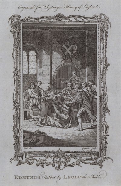 Edmund I dźgnięty przez Leolfa the Robber (rycina) autorstwa Samuel (after) Wale
