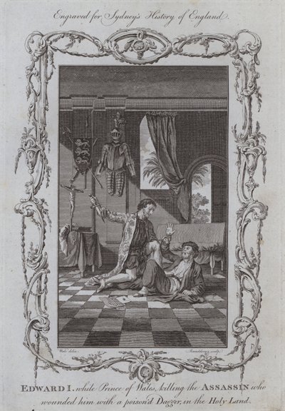 Edward I, podczas gdy książę Walii zabija asasyna, który zranił go zatrutym sztyletem, w Ziemi Świętej (rycina) autorstwa Samuel (after) Wale