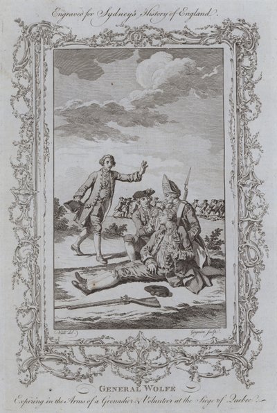 Generał Wolfe odchodzący w ramionach grenadiera i ochotnika podczas oblężenia Quebecu (rycina) autorstwa Samuel (after) Wale