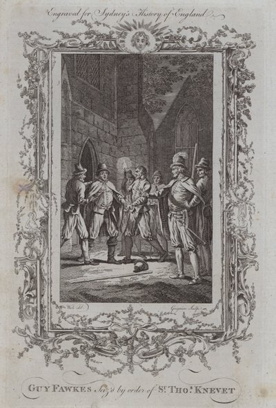 Guy Fawkes schwytany z rozkazu sir Thomasa Kneveta (grafika) autorstwa Samuel (after) Wale