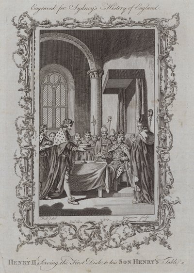 Henryk II serwujący pierwsze danie do stołu syna Henryka (grawerowanie) autorstwa Samuel (after) Wale