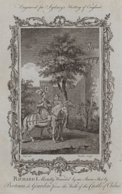 Ryszard I śmiertelnie ranny strzałą wystrzeloną przez Bertrama de Gourdona z murów zamku Chilus (rycina) autorstwa Samuel (after) Wale