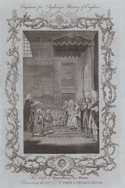 Książę Queensberry i Dover przedstawiający akt unii królowej Annie (rycina) autorstwa Samuel (after) Wale