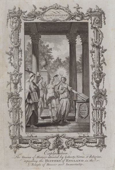 Geniusz Historii, w którym uczestniczyli Wolność, Cnota i Religia, zdeponował Historię Anglii w Świątyni Honoru i Nieśmiertelności (rycina) autorstwa Samuel (after) Wale