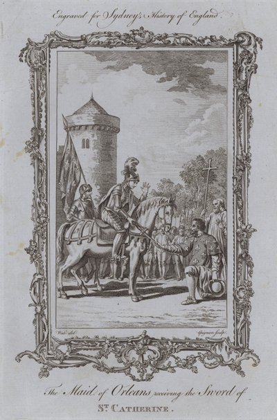 Dziewica Orleańska odbierająca miecz św. Katarzyny (rycina) autorstwa Samuel (after) Wale