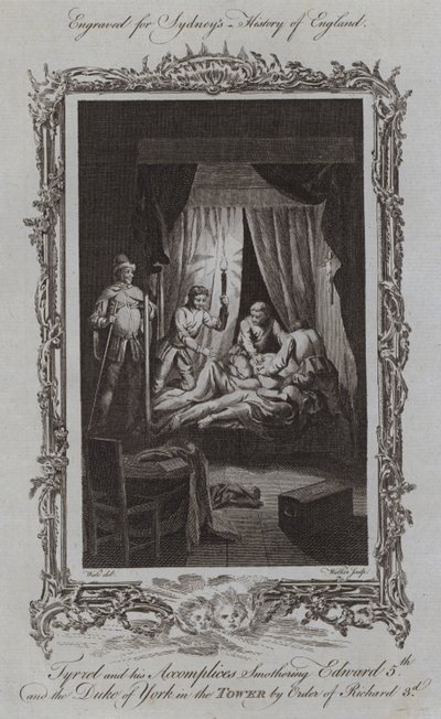 Tyrrel i jego wspólnicy Duszą Edwarda V i księcia Yorku w wieży z rozkazu Ryszarda III (grawerowanie) autorstwa Samuel (after) Wale